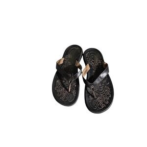 OluKai Paniolo Black Leather Embroidered Flip Flop Sandals Womens 7 20129-4040